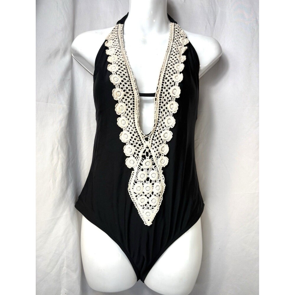Boho Crochet Lace Plunge Halter One Piece Swimsuit Black Monokini Large